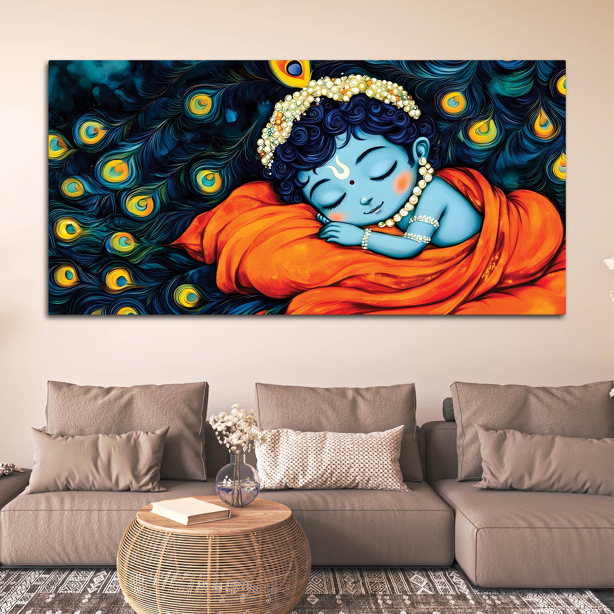 Divine Bal Krishna Sleeping Painting with Peacock Feather Art
