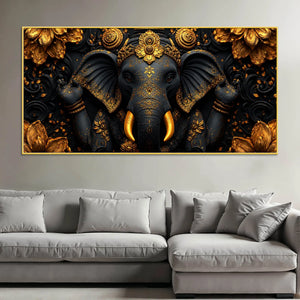 Divine Black and Gold Lord Shri Ganesha 3D Canvas Wall Painting