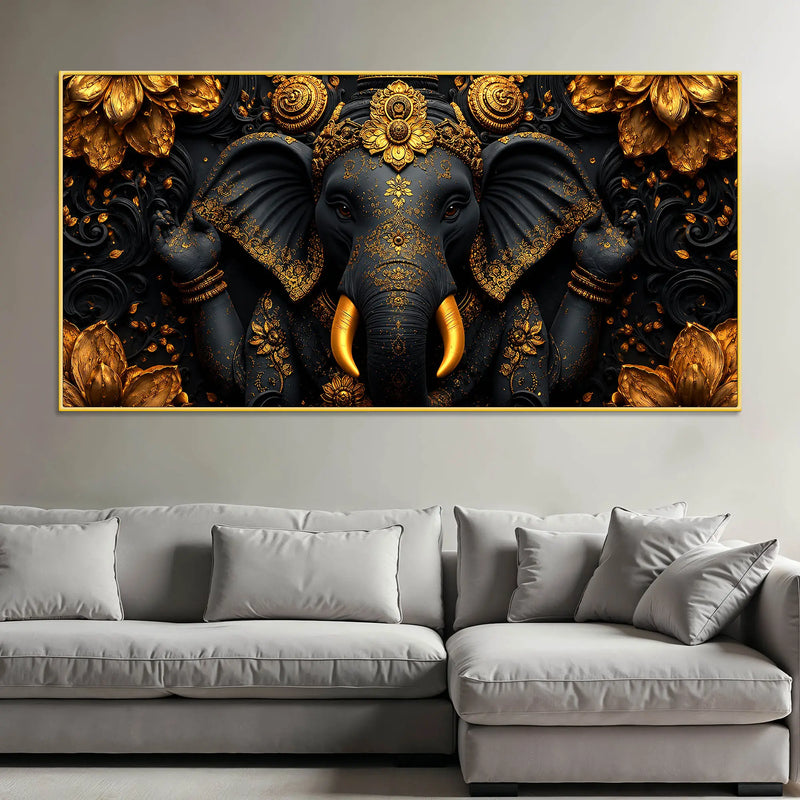Divine Black and Gold Lord Shri Ganesha 3D Canvas Wall Painting