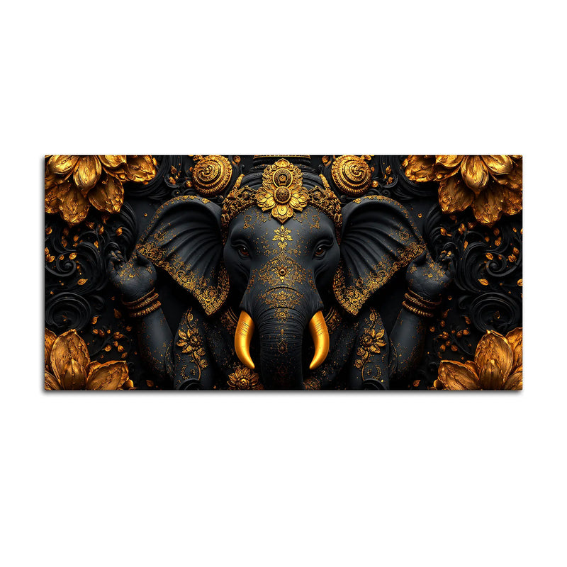 Divine Black and Gold Lord Shri Ganesha 3D Canvas Wall Painting