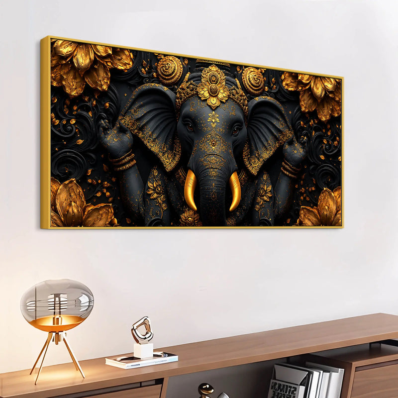 Divine Black and Gold Lord Shri Ganesha 3D Canvas Wall Painting