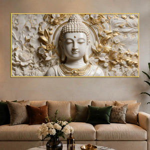 Divine Buddha Portrait with White & Golden Florals 3D Canvas Wall Painting