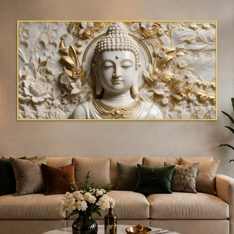 Divine Buddha Portrait with White & Golden Florals 3D Canvas Wall Painting