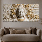 Divine Buddha Portrait with White & Golden Florals 3D Canvas Wall Painting