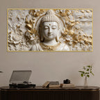 Divine Buddha Portrait with White & Golden Florals 3D Canvas Wall Painting
