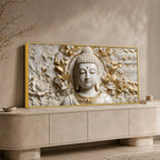 Divine Buddha Portrait with White & Golden Florals 3D Canvas Wall Painting