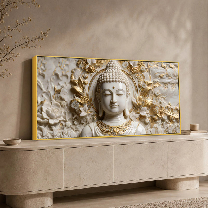 Divine Buddha Portrait with White & Golden Florals 3D Canvas Wall Painting