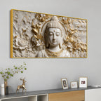 Divine Buddha Portrait with White & Golden Florals 3D Canvas Wall Painting