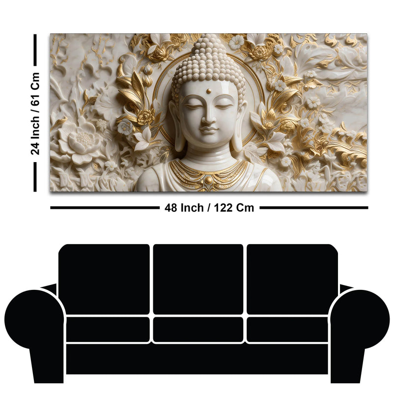 Divine Buddha Portrait with White & Golden Florals 3D Canvas Wall Painting