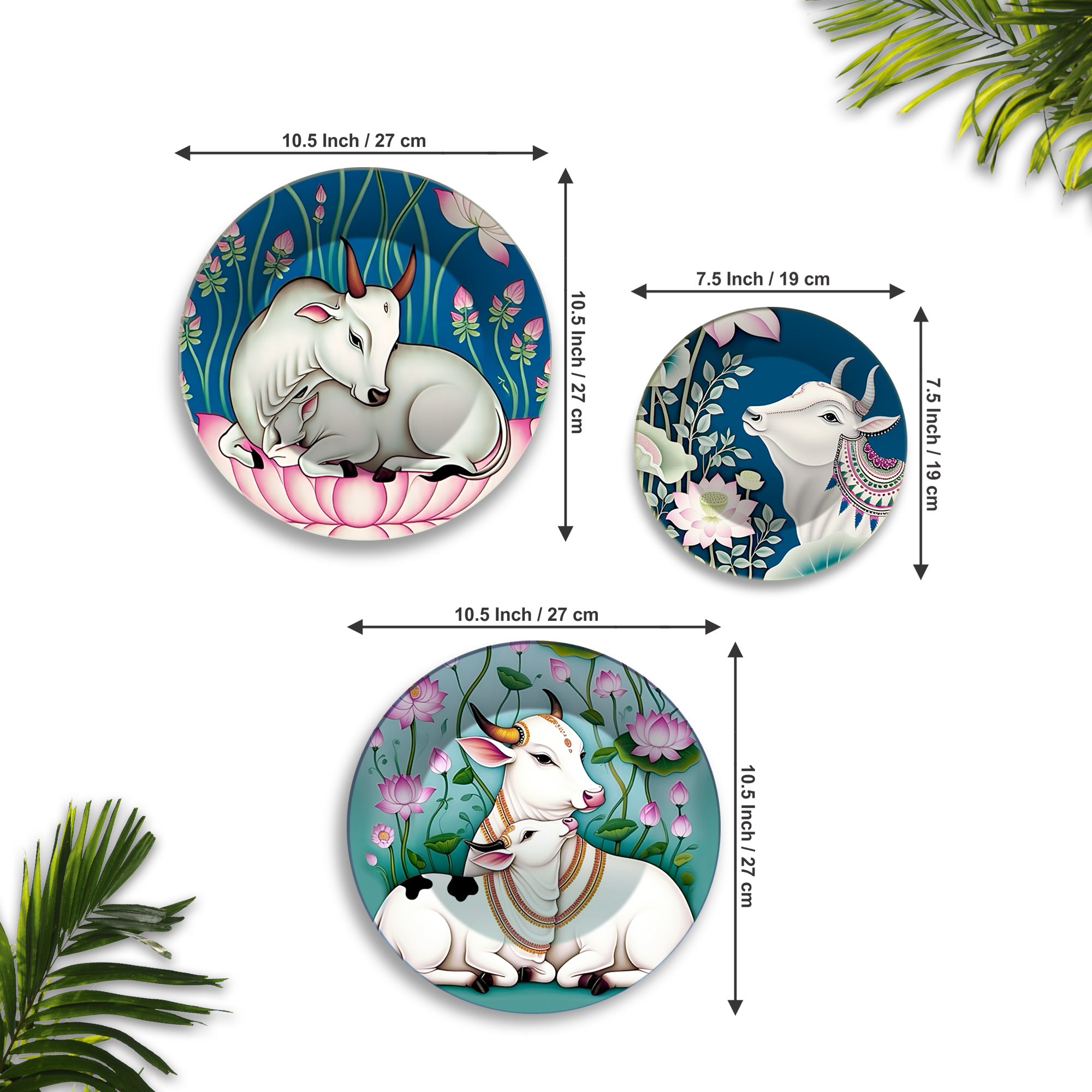 Divine Cow Motifs Lotus & Grace Premium Wall Plates Painting Set of 3