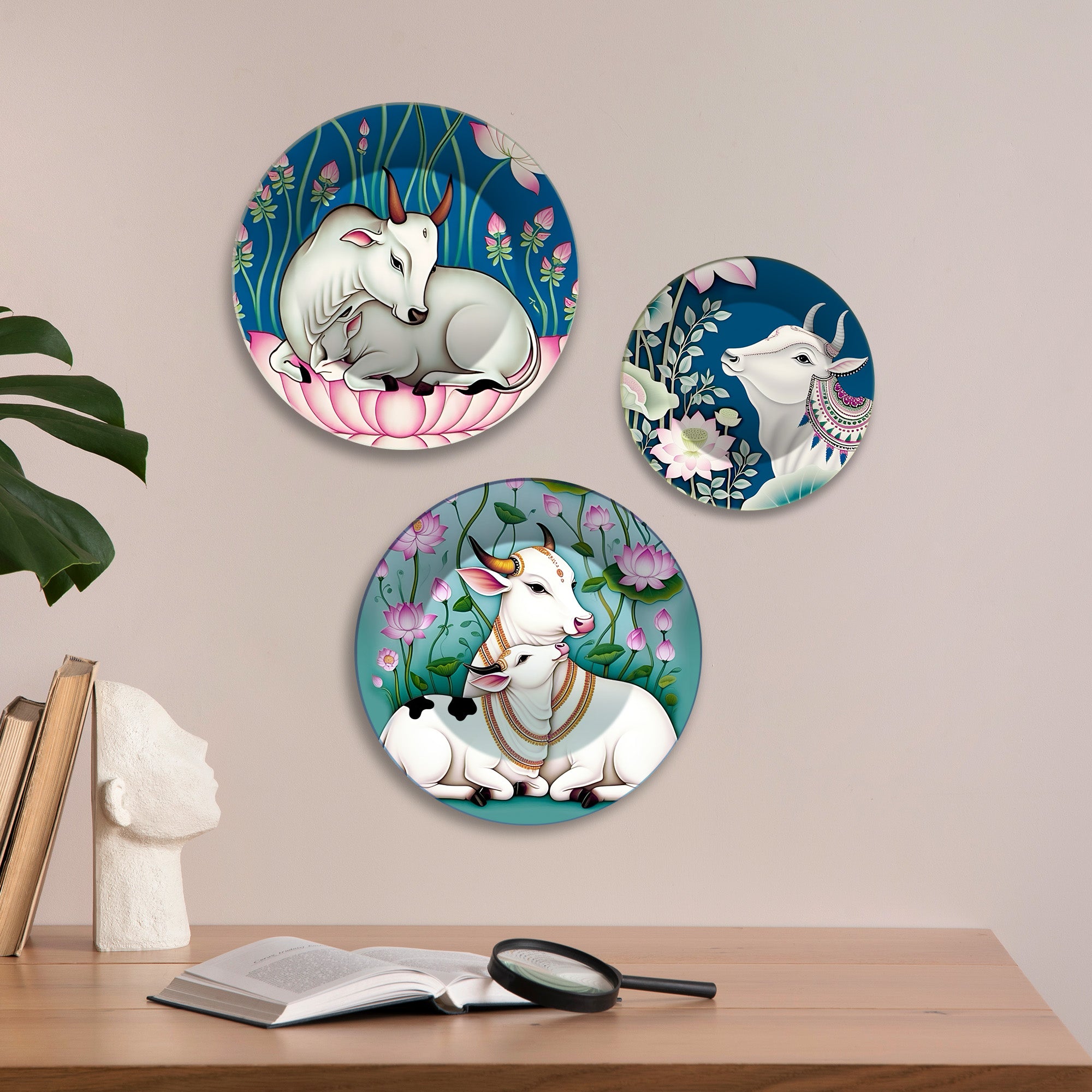 Divine Cow Motifs Lotus & Grace Premium Wall Plates Painting Set of 3