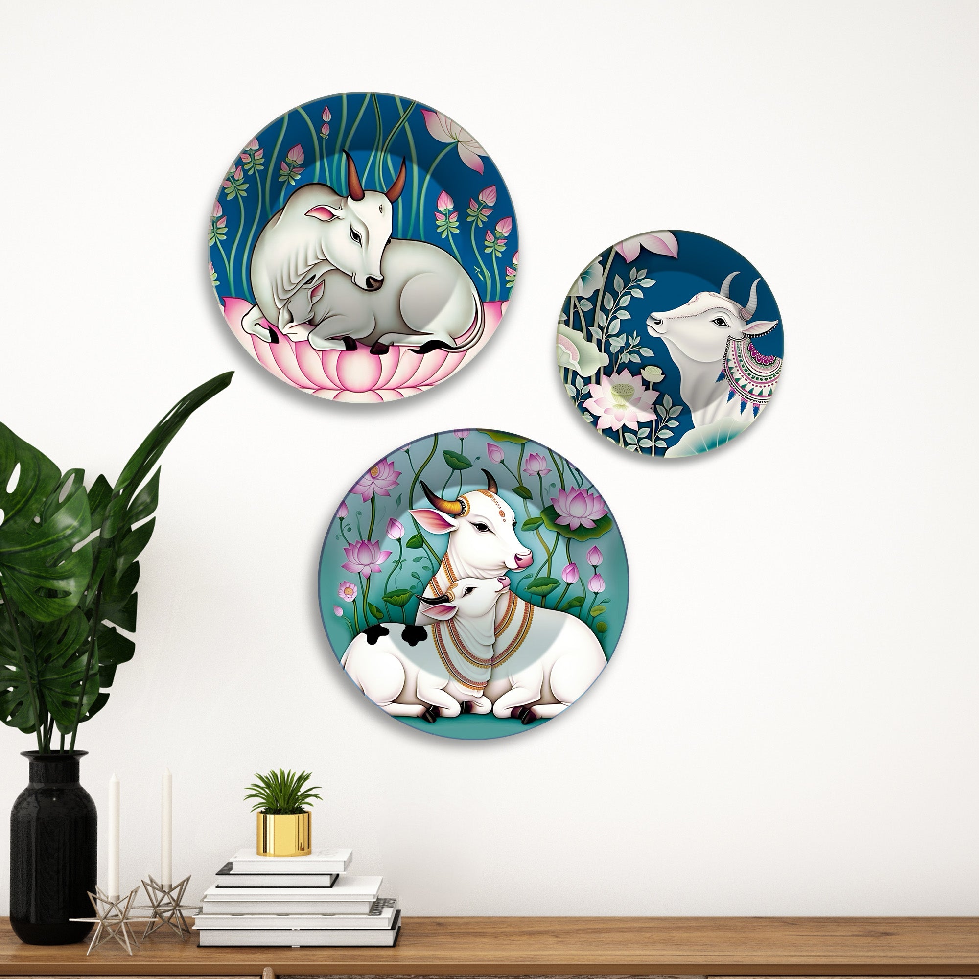 Divine Cow Motifs Lotus & Grace Premium Wall Plates Painting Set of 3