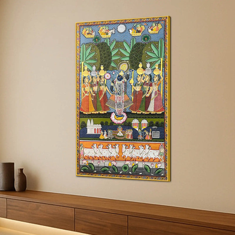Divine Dance of Bhakti Shrinathji and Gopis Pichwai Canvas Wall Painting