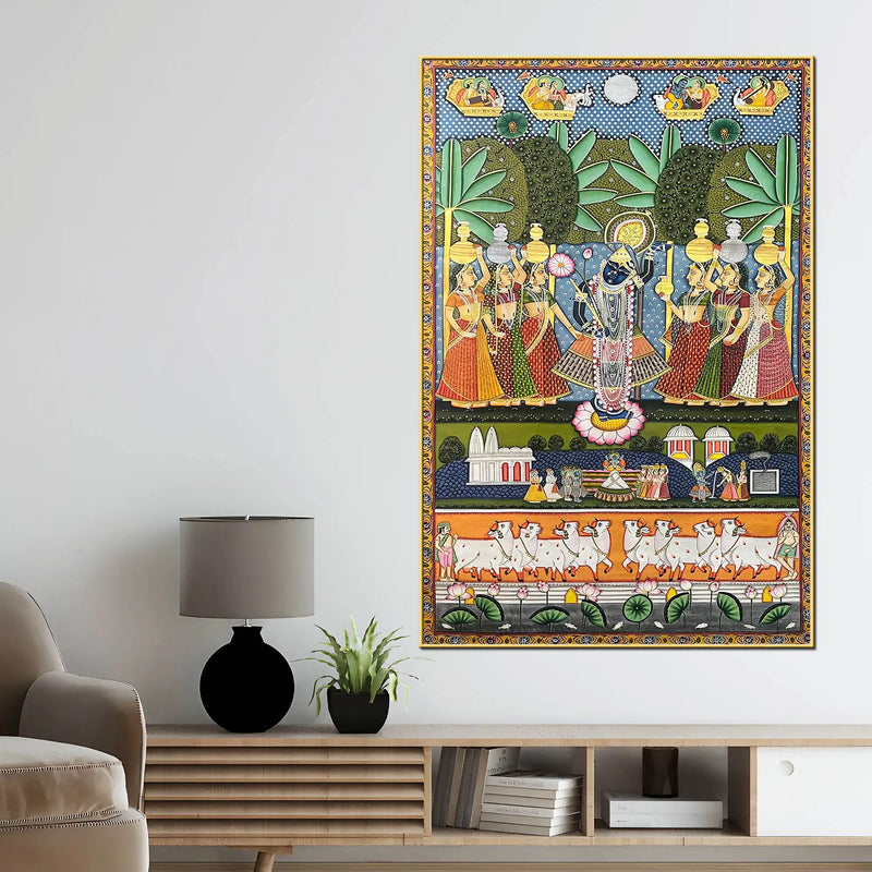 Divine Dance of Bhakti Shrinathji and Gopis Pichwai Canvas Wall Painting