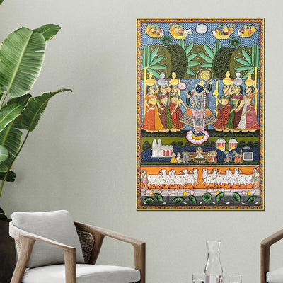 Divine Dance of Bhakti Shrinathji and Gopis Pichwai Canvas Wall Painting