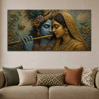 Divine Eternal Love of Shri Radha Krishna Golden 3D Bas-Relief Type Canvas Wall Painting
