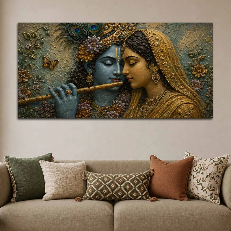 Divine Eternal Love of Shri Radha Krishna Golden 3D Bas-Relief Type Canvas Wall Painting