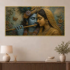 Divine Eternal Love of Shri Radha Krishna Golden 3D Bas-Relief Type Canvas Wall Painting