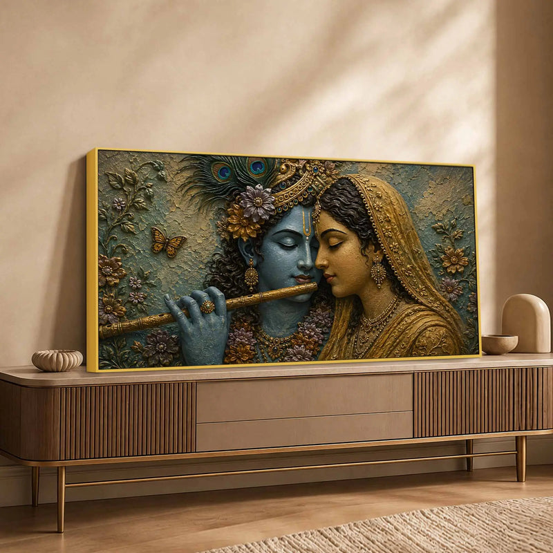 Divine Eternal Love of Shri Radha Krishna Golden 3D Bas-Relief Type Canvas Wall Painting