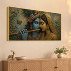Divine Eternal Love of Shri Radha Krishna Golden 3D Bas-Relief Type Canvas Wall Painting
