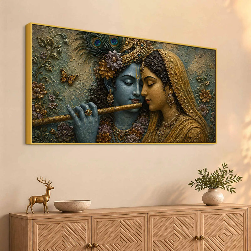 Divine Eternal Love of Shri Radha Krishna Golden 3D Bas-Relief Type Canvas Wall Painting