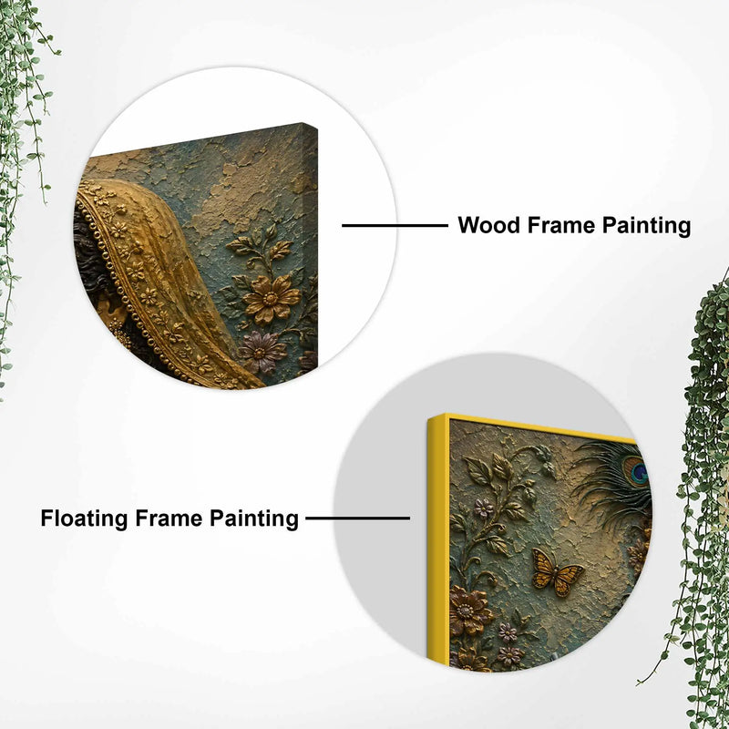 Divine Eternal Love of Shri Radha Krishna Golden 3D Bas-Relief Type Canvas Wall Painting
