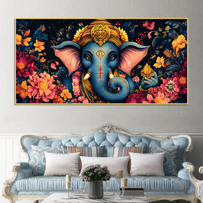 Divine Floral Majesty Lord Ganapati In Blossom Premium Canvas Wall Painting for Home & Office – Modern Devotional Wall Decor
