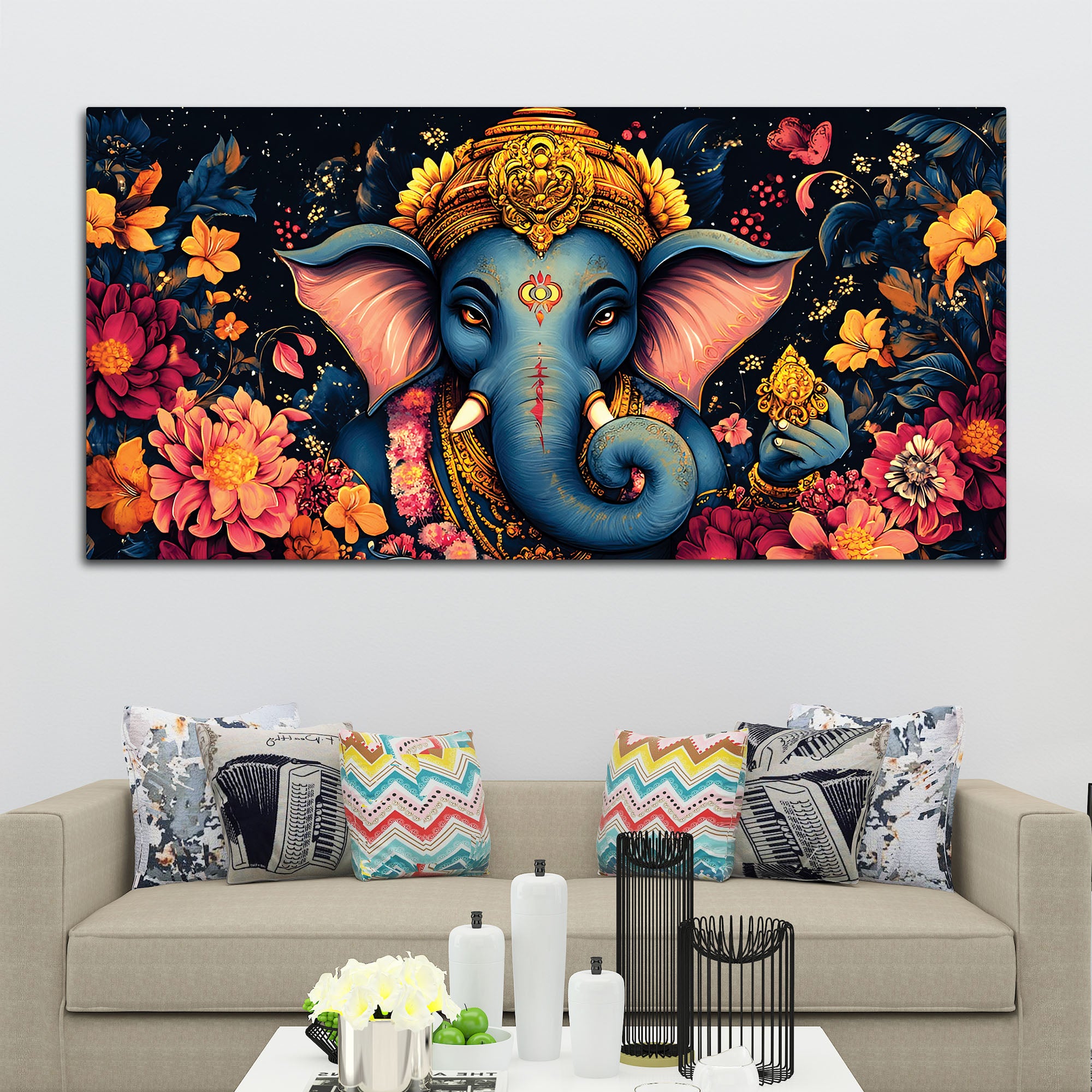Divine Floral Majesty Lord Ganapati In Blossom Premium Canvas Wall Painting for Home & Office – Modern Devotional Wall Decor
