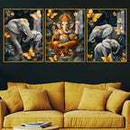 Divine Ganesha & Elephant Majesty Acrylic Floating Wall Painting Set of 3