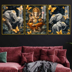 Divine Ganesha & Elephant Majesty Acrylic Floating Wall Painting Set of 3