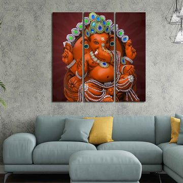 Divine Ganesha Sculpture Canvas Wall Painting Set of Three