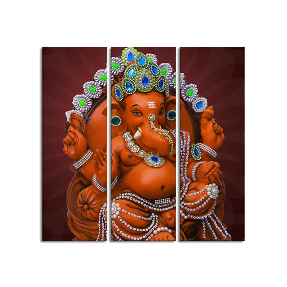 Divine Ganesha Sculpture Canvas Wall Painting Set of Three