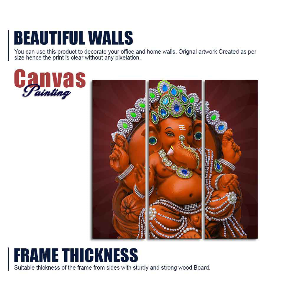 Divine Ganesha Sculpture Canvas Wall Painting Set of Three