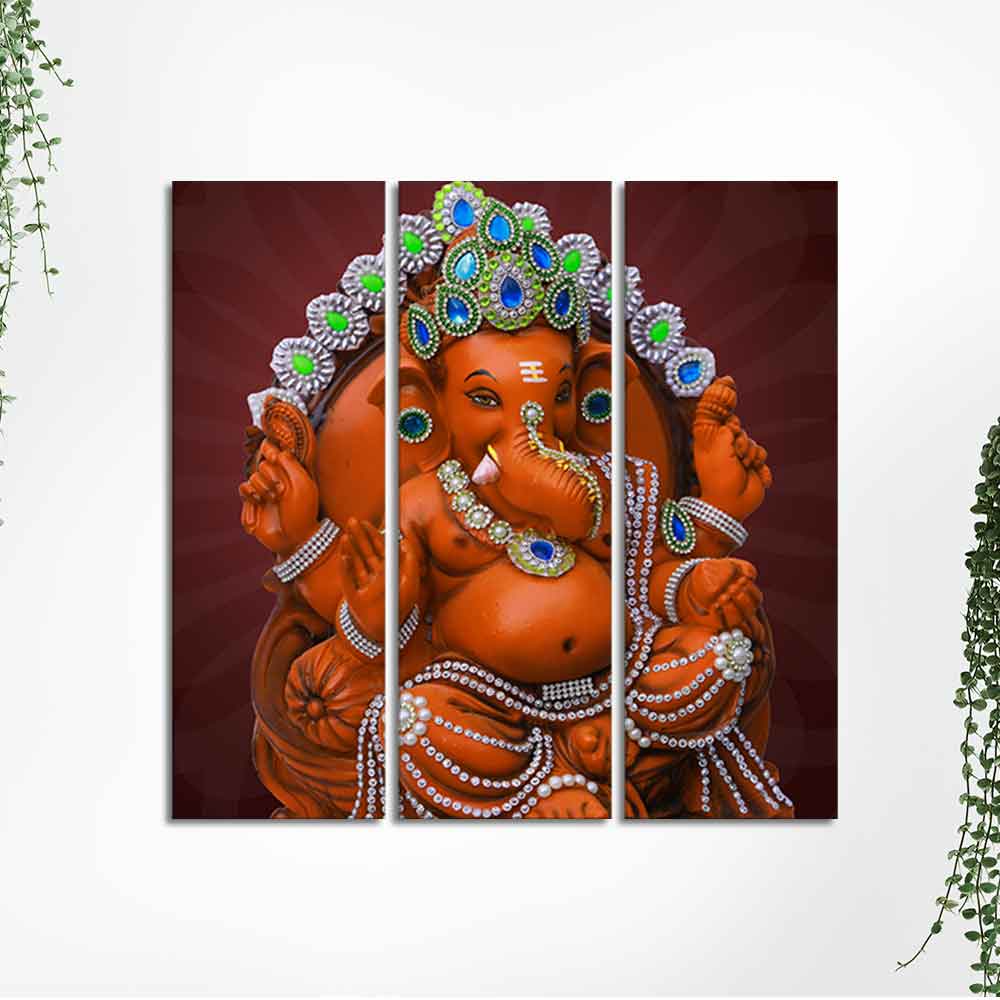 Divine Ganesha Sculpture Canvas Wall Painting Set of Three