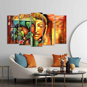 Divine Gautama Buddha Face Premium Canvas Five Pieces Wall Painting