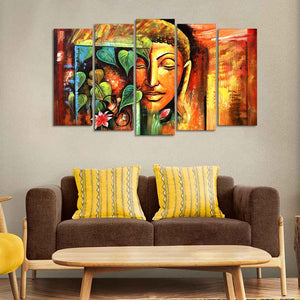 Divine Gautama Buddha Face Premium Canvas Five Pieces Wall Painting