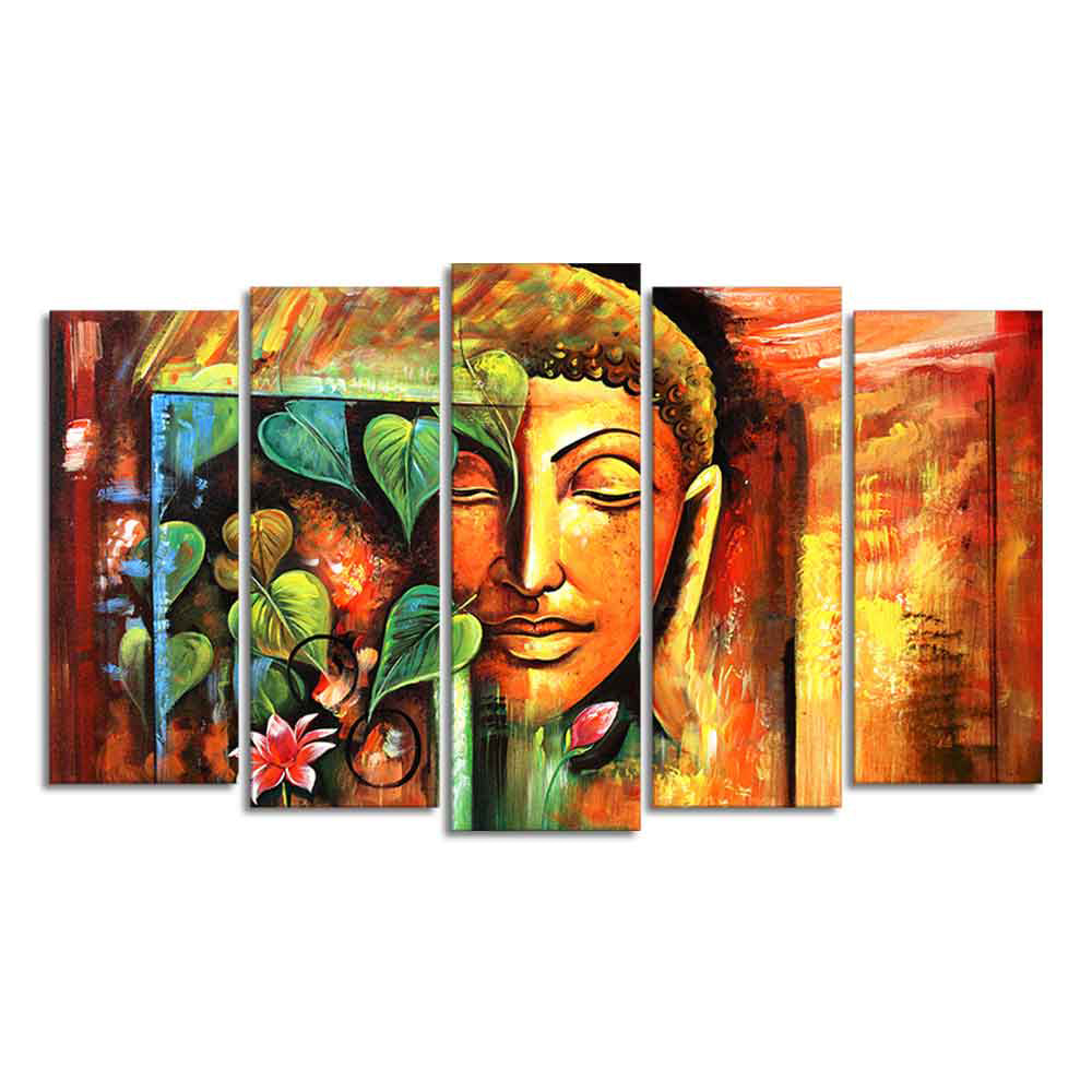 Divine Gautama Buddha Face Premium Canvas Five Pieces Wall Painting