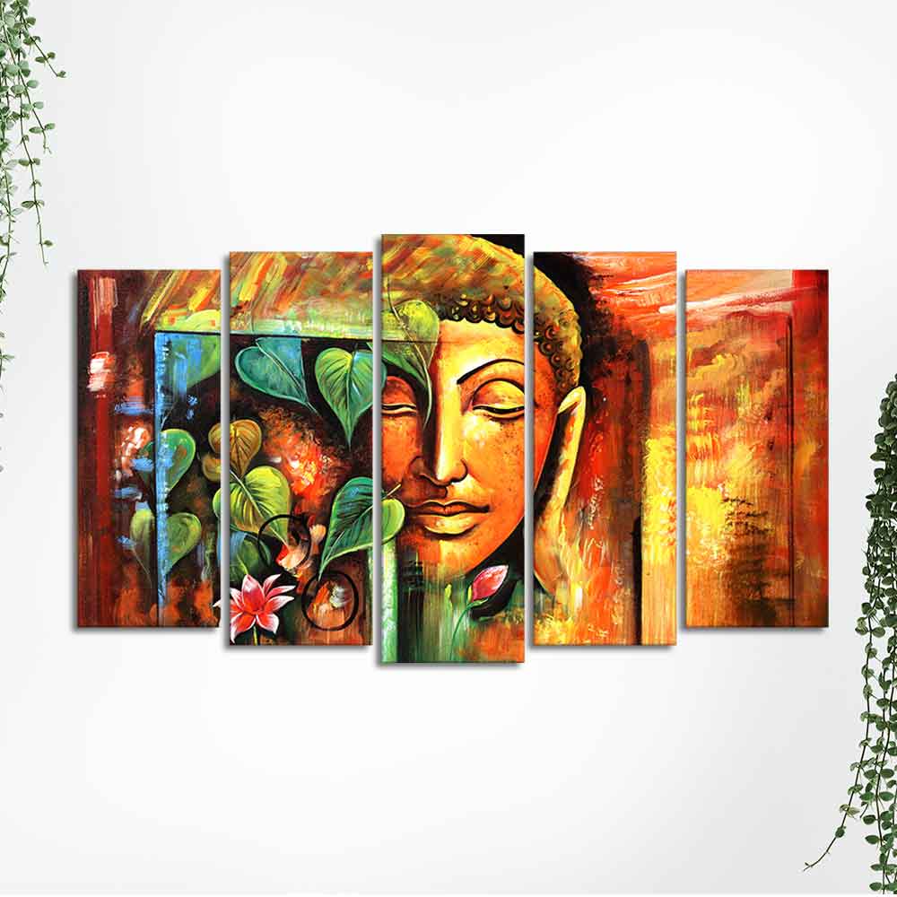 Divine Gautama Buddha Face Premium Canvas Five Pieces Wall Painting