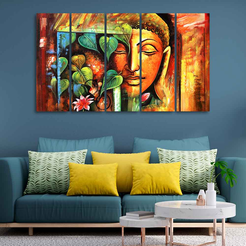 Divine Gautama Buddha Face Premium Frame Wall Painting Set of Five