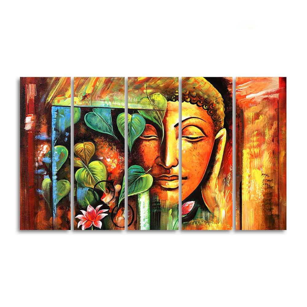 Divine Gautama Buddha Face Premium Frame Wall Painting Set of Five