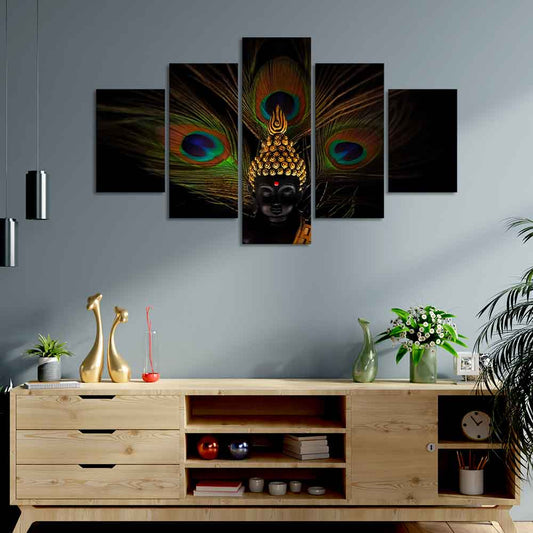 Divine God Buddha With Peacock Feather Wall Painting of Five Pieces