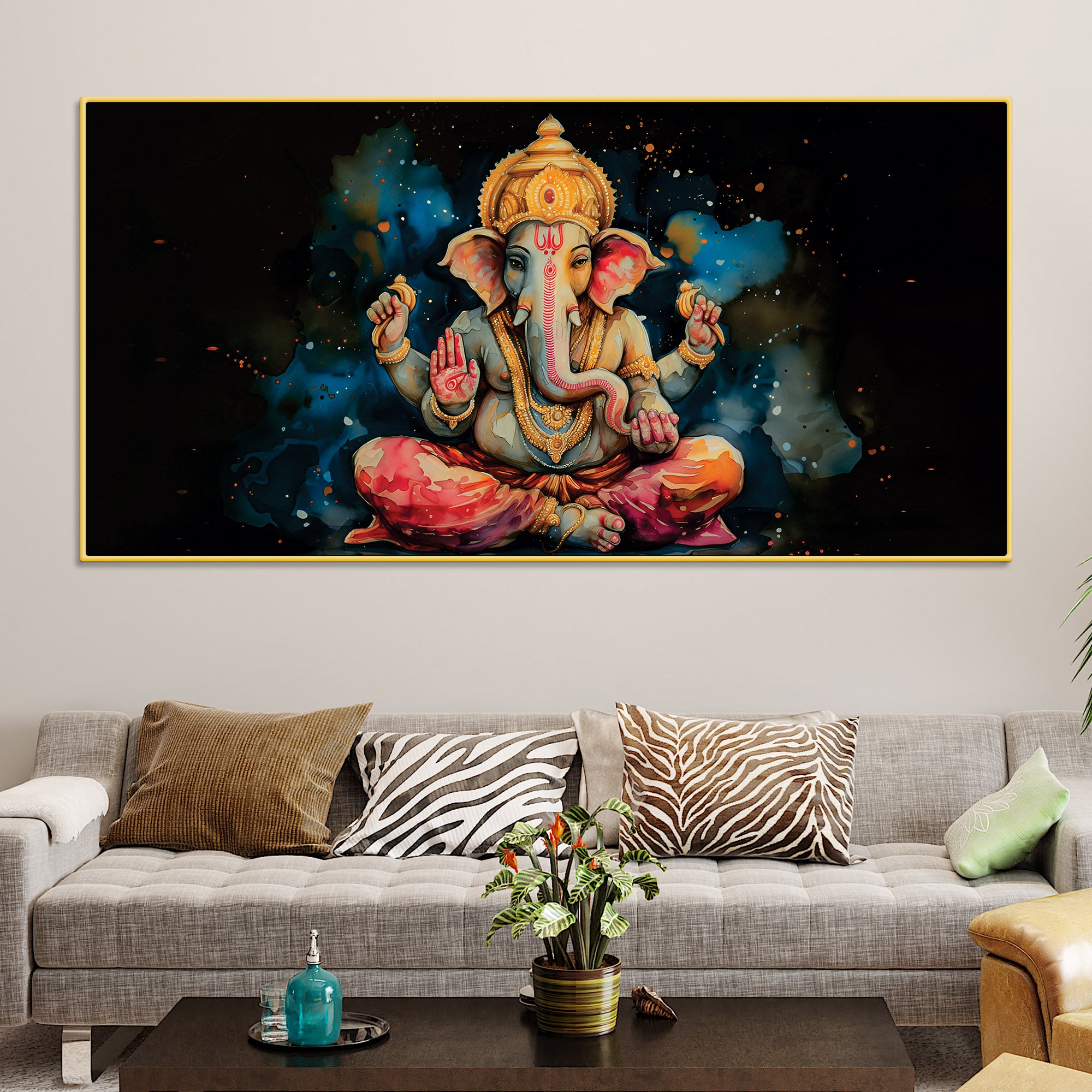 Divine God Lord Ganesha Meditating in Dark Abstract Canvas Wall Painting for Home & Office Wall Decor