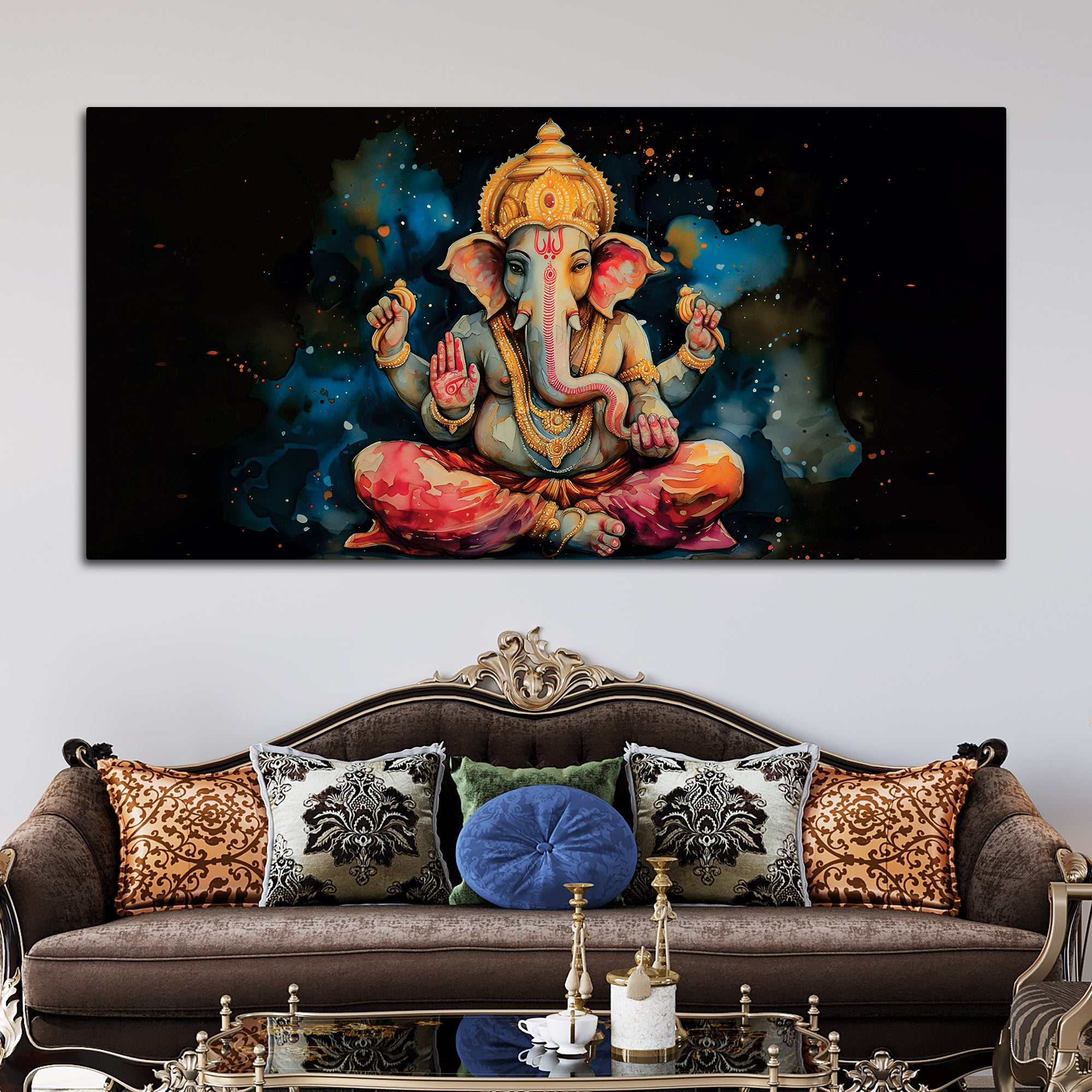 Divine God Lord Ganesha Meditating in Dark Abstract Canvas Wall Painting for Home & Office Wall Decor