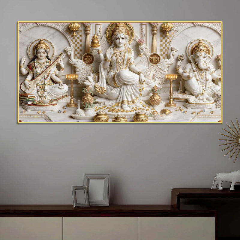 Divine Goddess Lakshmi Saraswati with Lord Ganesh 3D Canvas Wall Painting
