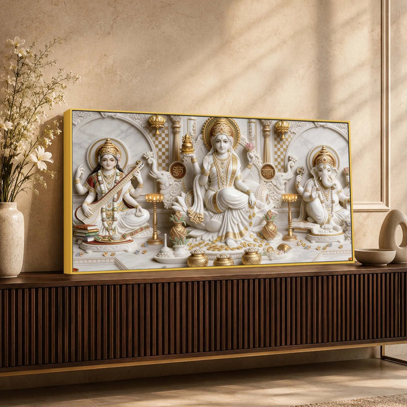 Divine Goddess Lakshmi Saraswati with Lord Ganesh 3D Canvas Wall Painting
