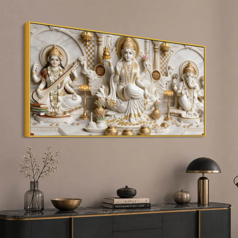 Divine Goddess Lakshmi Saraswati with Lord Ganesh 3D Canvas Wall Painting