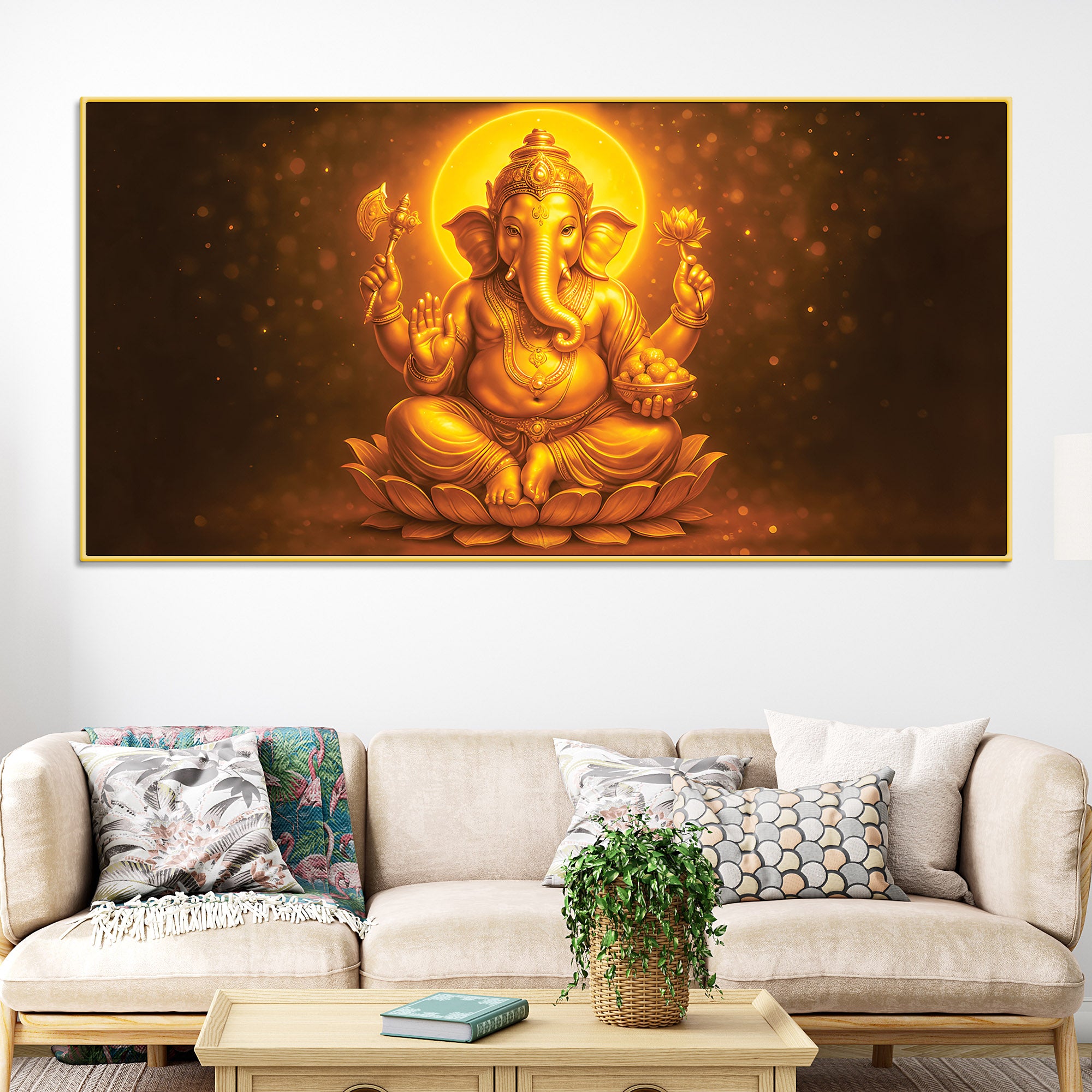 Divine Golden Ganpati Canvas Wall Painting for Home & Pooja Spaces – Modern Spiritual Wall Decor