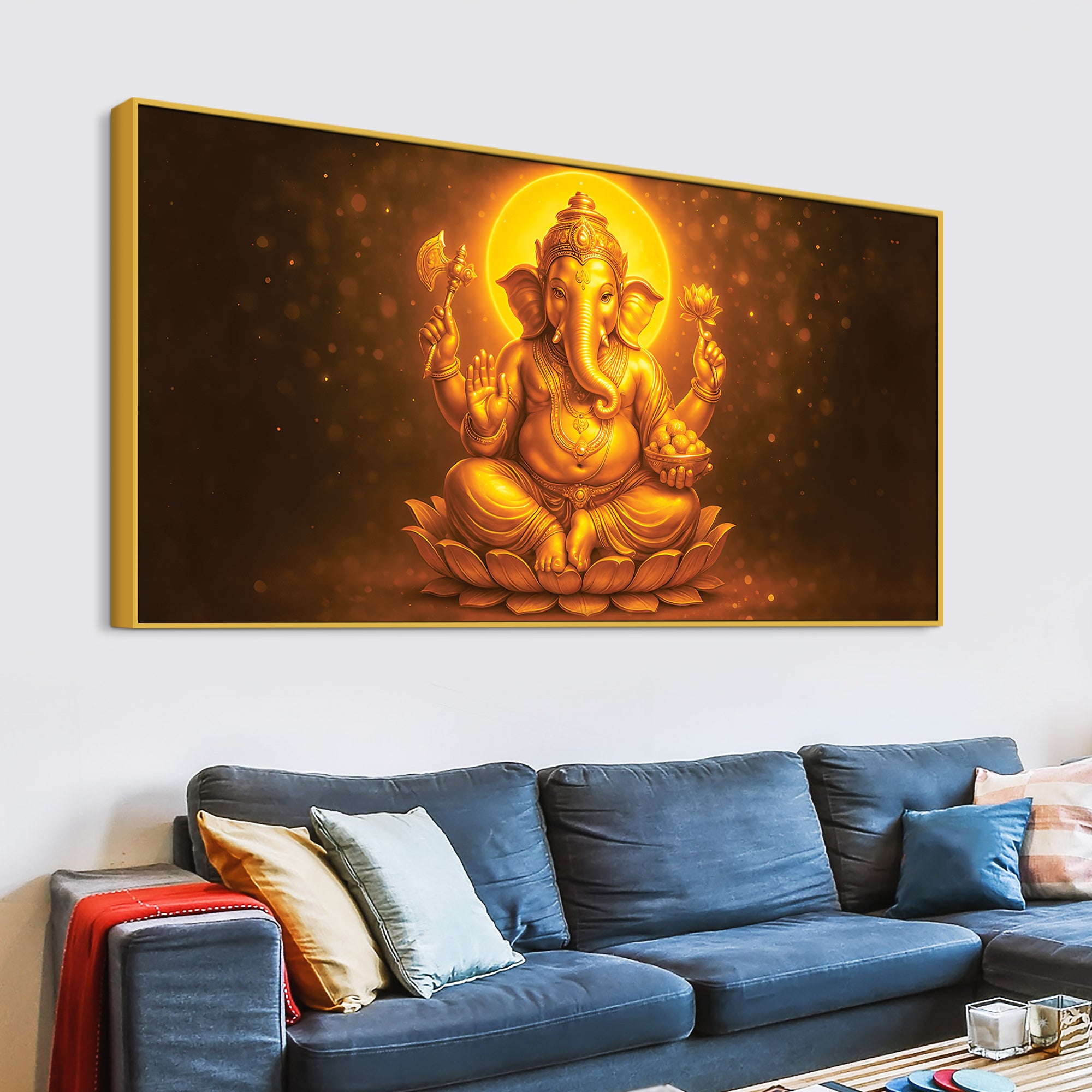 Divine Golden Ganpati Canvas Wall Painting for Home & Pooja Spaces – Modern Spiritual Wall Decor