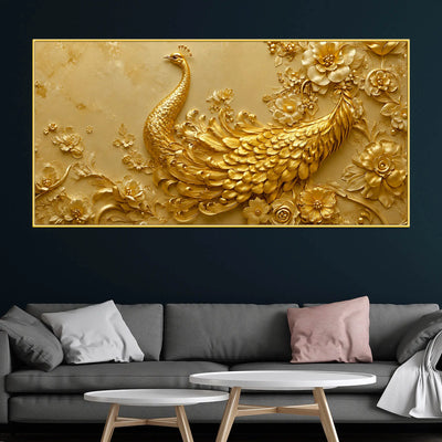 Divine Golden Peacock Floral Symphony 3D Canvas Wall Painting