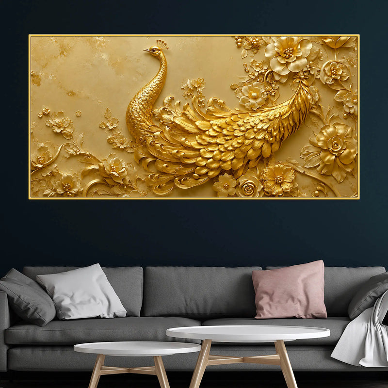 Divine Golden Peacock Floral Symphony 3D Canvas Wall Painting
